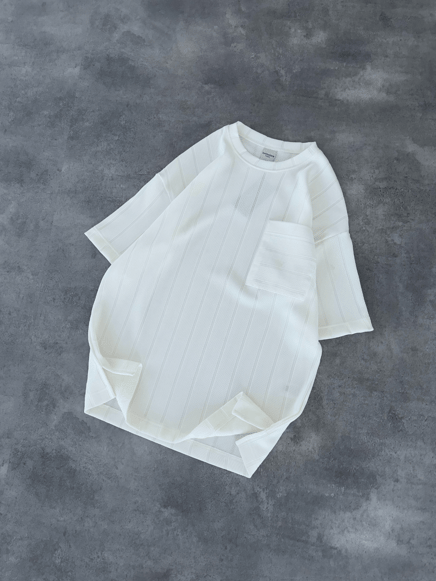 Beyaz  Kendinden Fitilli Örme Kumaş Oversize T-shirt