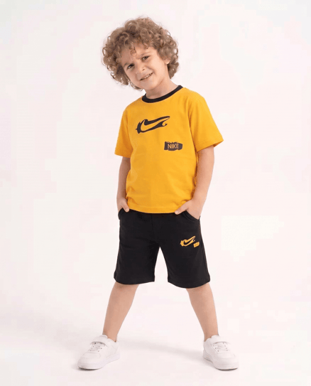 0068 Baskılı Şort & T-Shirt İkili Erkek Çocuk Takım SARI