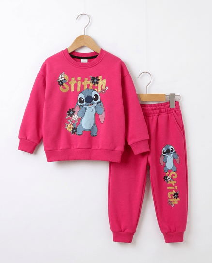 0110 Stitch Başlıklı Şardonlu Kız Takım PEMBE
