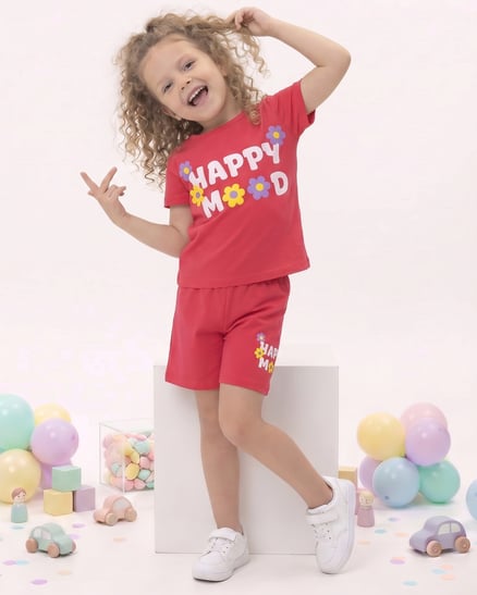 02004-5 Happy Baskılı İkili Kız Takım FUŞYA