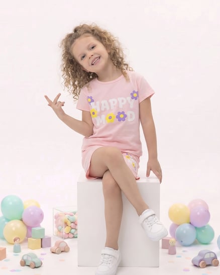 02004-5 Happy Baskılı İkili Kız Takım PEMBE