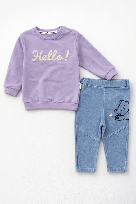 0335 Hello Nakışlı Denim Pantolonlu Kız Bebek Takım MOR