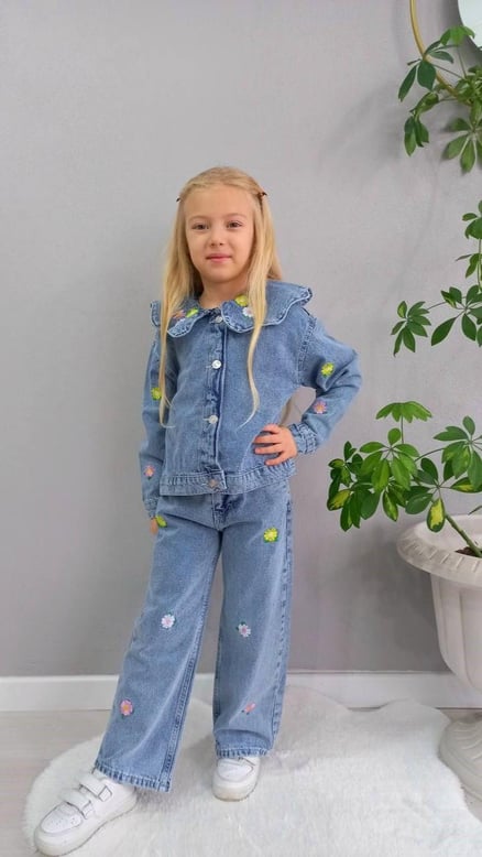 0607 Çiçek İşlemeli Bebe Yaka Kot Takım MAVİ