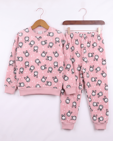 0810-1 Tavşan Desenli Polar Pijama Takımı PEMBE