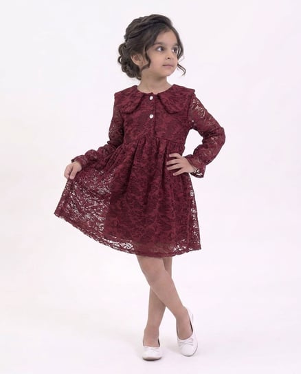 0906 Bebe Yaka Düğmeli Dantel Elbise BORDO
