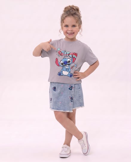 1018 Lilo Stich Baskılı Kot Şortlu Takım GRİ