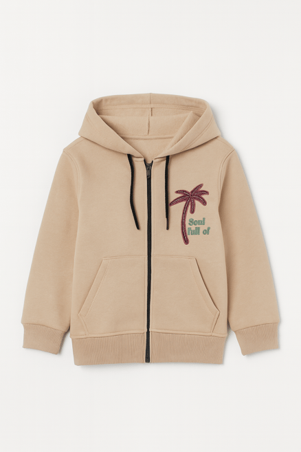 11900 Fermuarlı Palmiye Nakışlı Şardonlu Kapişonlu Sweat (13-16 Yaş) TAŞ