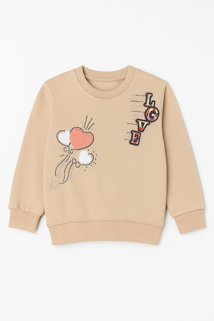 11921 Love Kalp Nakışlı Üç İplik Şardonlu Sweatshirt TAŞ