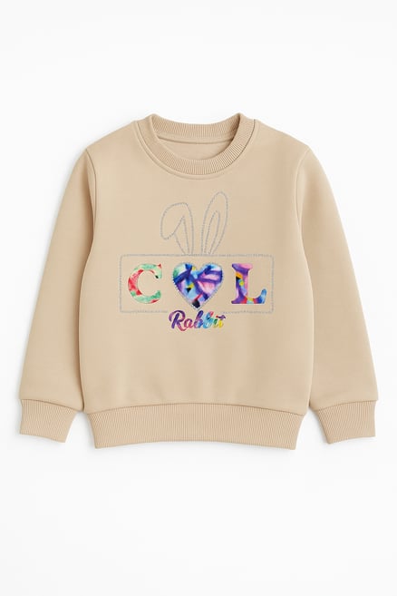 11922 Lol Rabbit Nakışlı Üç İplik Şardonlu Sweatshirt TAŞ