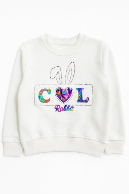 11922 Lol Rabbit Nakışlı Üç İplik Şardonlu Sweatshirt KREM