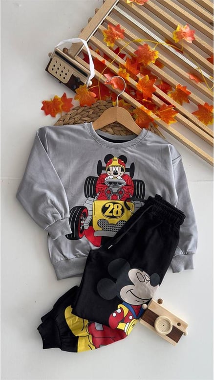 12058 Araba Süren Mickey Mouse Baskılı Erkek Takım GRİ