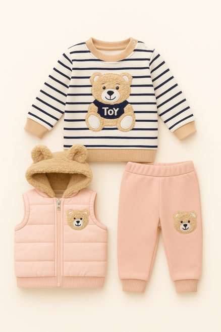1269 Peluş Ayıcıklı Yelekli Üçlü Kız Bebe Takım SOMON
