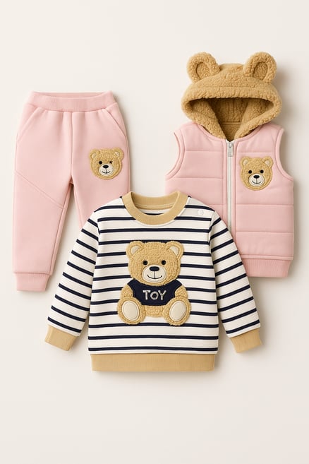 1269 Peluş Ayıcıklı Yelekli Üçlü Kız Bebe Takım PEMBE