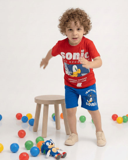 1305-24 Sonic Baskılı İkili Şortlu Erkek Çocuk Takım KIRMIZI