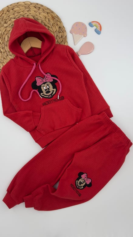 1512-1 Fitilli Kapişonlu Minnie Desenli Kız Çocuk Takım KIRMIZI