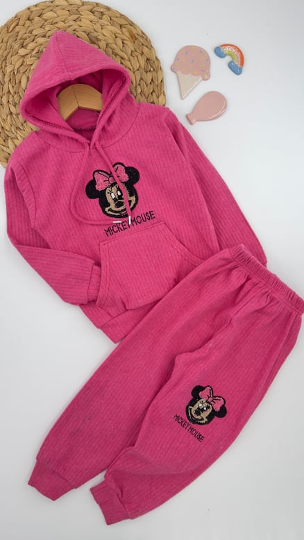 1512-1 Fitilli Kapişonlu Minnie Desenli Kız Çocuk Takım FUŞYA