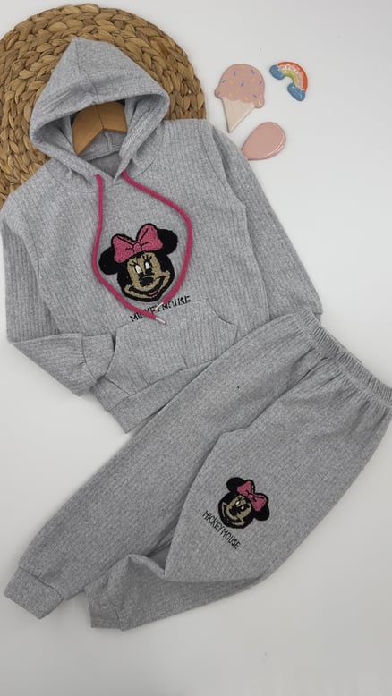 1512-1 Fitilli Kapişonlu Minnie Desenli Kız Çocuk Takım GRİ