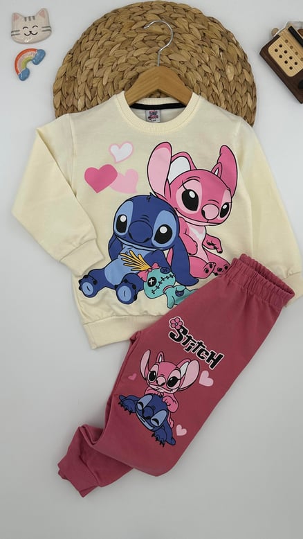 1609-4 Lilo Stick Desenli Kız Çocuk Takım KREM