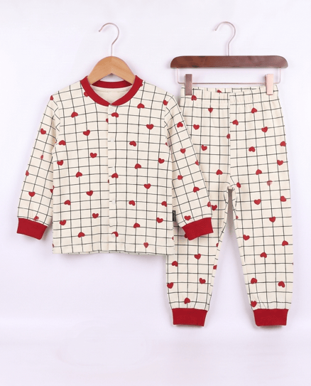 17556 Kalp Baskılı Çıtçıtlı Pijama Takımı KIRMIZI
