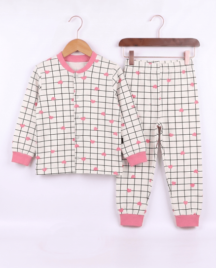 17556 Kalp Baskılı Çıtçıtlı Pijama Takımı PEMBE