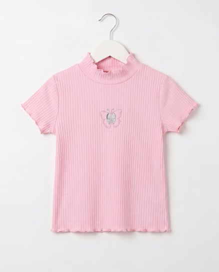 18407 Kelebek Nakışlı fitilli Kız Çocuk T-Shirt TOZP