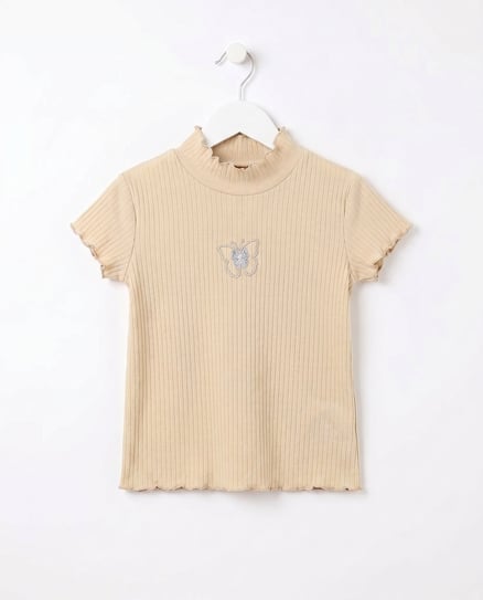 18407 Kelebek Nakışlı fitilli Kız Çocuk T-Shirt BEJ