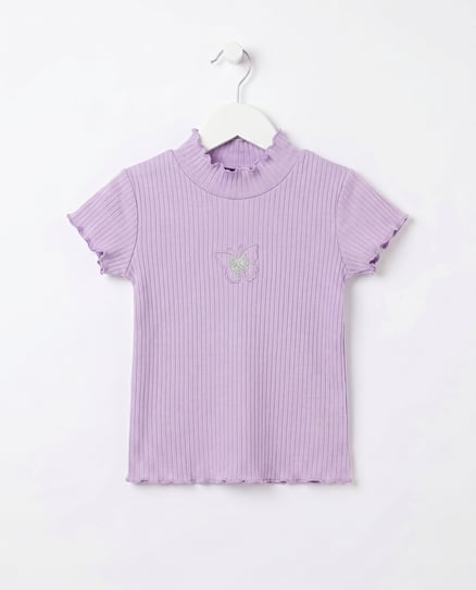 18407 Kelebek Nakışlı fitilli Kız Çocuk T-Shirt MOR
