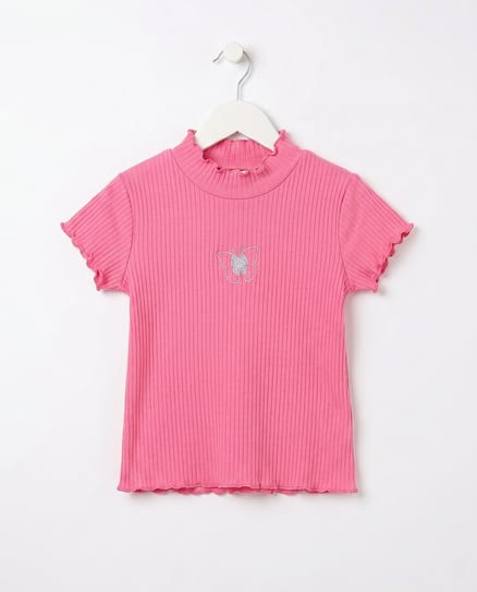 18407 Kelebek Nakışlı fitilli Kız Çocuk T-Shirt PEMBE