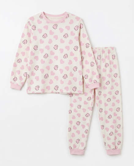 19077 Kalp Baskılı Fiyonk Baskılıi Sıfır Yaka Pijama Takımı PEMBE