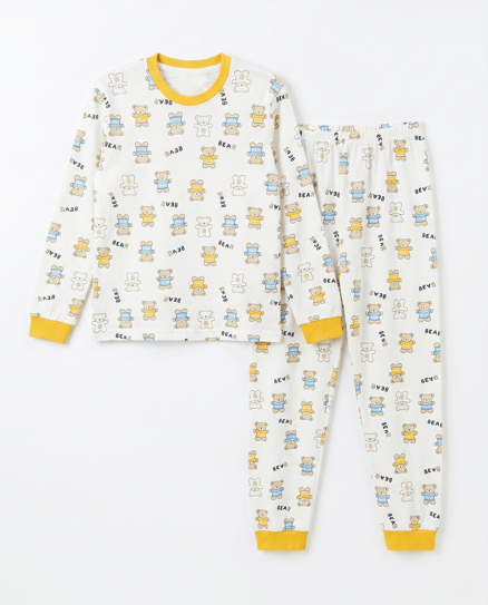 19084 Bear Desenli Sıfır Yaka Pijama Takımı HARDAL