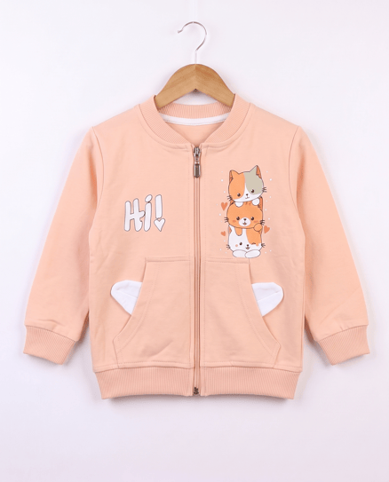 20702 Cep Kulak Detaylı Kedi Baskılı Hırka SOMON