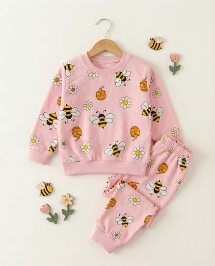 22206-4 Honey Arı Desenli Kız Çocuk Takım PEMBE