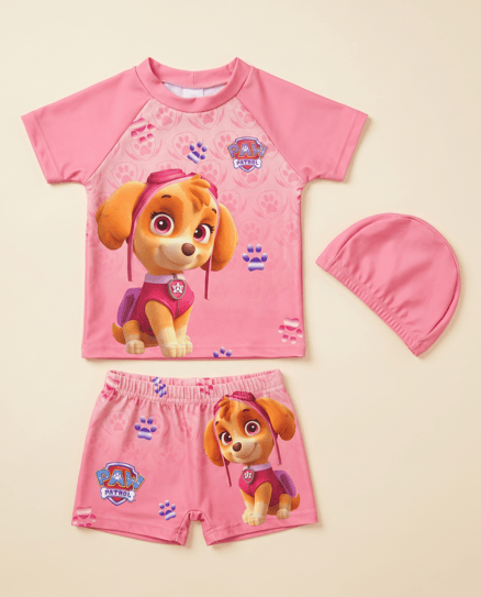 2504-2 Paw Petroli Baskılı Şortlu İkili Kız Çocuk Mayo PEMBE