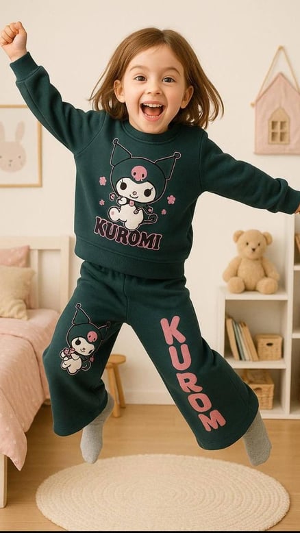 2526-5 Kuromi Kalp Baskılı Üç İplik Takım YEŞİL
