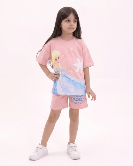 2622-17 Elsa Desenli İkili Kız Çocuk Takımı PEMBE