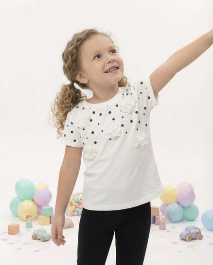 26619 Çiçek Kabartmalı Puantiyeli Kız Çocuk T-Shirt (1-4 Yaş) BEYAZ