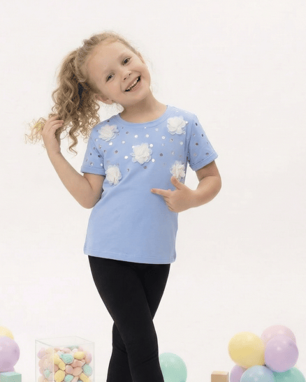 26719 Çiçek Kabartmalı Puantiyeli Kız Çocuk T-Shirt (5-8 Yaş) MAVİ