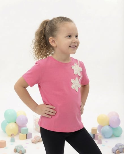 26831 Omuz Çiçek Nakışlı Kız Çocuk T-Shirt PEMBE