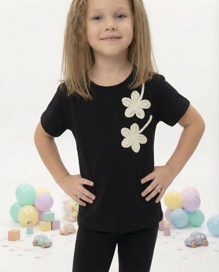 26831 Omuz Çiçek Nakışlı Kız Çocuk T-Shirt SİYAH