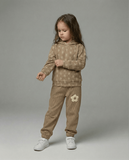 2749 Papatya Çiçek Baskılı Takım (7-10 Yaş) KAHVE