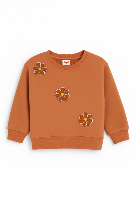 2820 Papatya Nakışlı İncili Üç İp Şardonlu Sweatshirt TRC