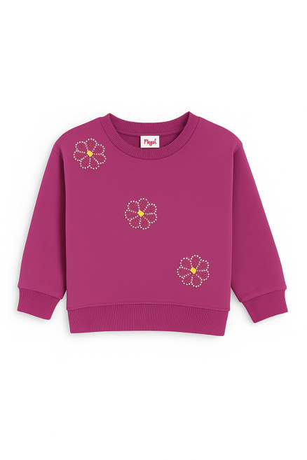 2820 Papatya Nakışlı İncili Üç İp Şardonlu Sweatshirt MOR