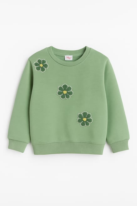 2820 Papatya Nakışlı İncili Üç İp Şardonlu Sweatshirt YEŞİL