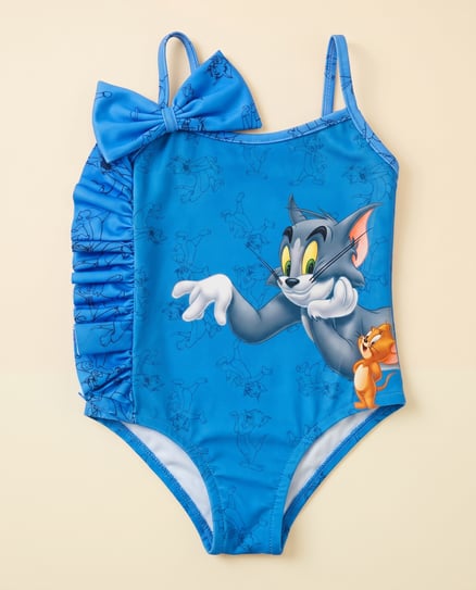 2904-3 Tom ve Jerry Baskılı Fiyonk detaylı İp Askılı Kız Çocuk Mayo MAVİ