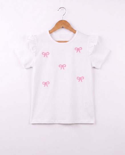 3077 Fiyonk Nakışlı Kız Çocuk T-Shirt PEMBE