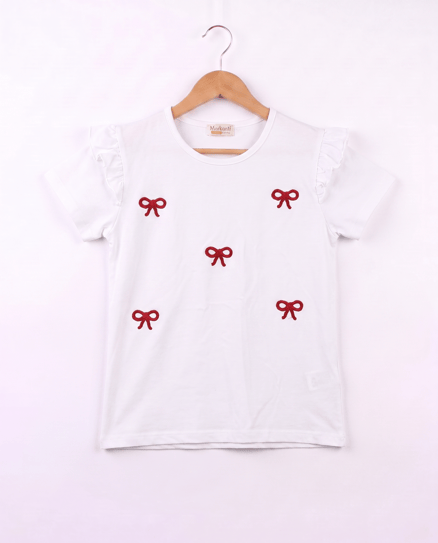 3077 Fiyonk Nakışlı Kız Çocuk T-Shirt KIRMIZI