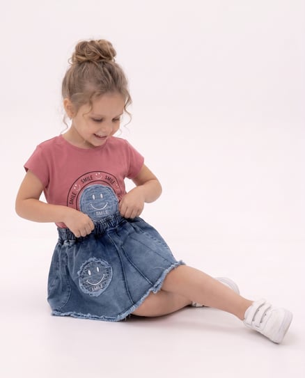 30835 Smile Baskılı Kot Şortlu İkili Kız Çocuk Takım MURDUM