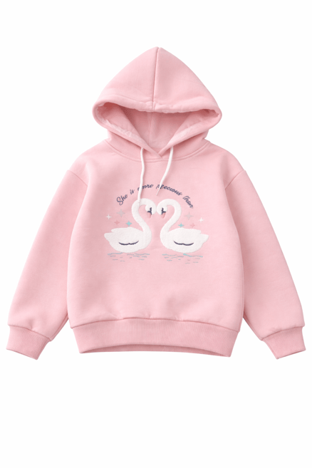 3264255 Kuğu Nakışlı Üç İplik Şardonlu Sweat PEMBE
