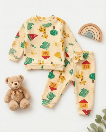 3517 Zürafa Desenli Omuzdan Çıtçıtlı Raporlu Bebe Takım EKRU