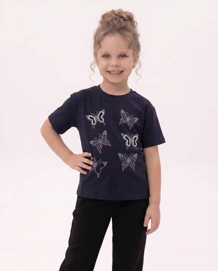 3907 Kelebek İnci Taşlı Oyshı Kız Çocuk T-Shirt (9-12 Yaş) LACIVERT